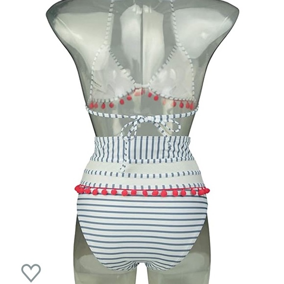 Cocoship Mesh Striped High Waist Bikini Set - Picture 2 of 4